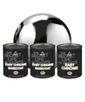 Rad Chrome Paint Pint Kit Featuring 2K Basecoat And 1K Topcoat Delivers A Clean Mirror Like Finish For Your Next Ride Upgrade Achieve Hella Shiny Results Now, showcasing three cans of chrome paint next to a shiny orb.