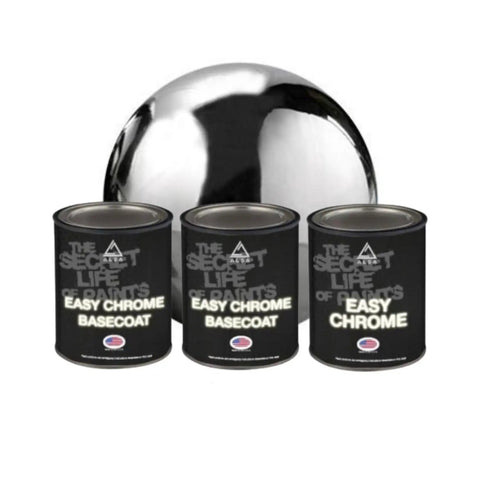 Rad Chrome Paint Pint Kit Featuring 2K Basecoat And 1K Topcoat Delivers A Clean Mirror Like Finish For Your Next Ride Upgrade Achieve Hella Shiny Results Now, showcasing three cans of chrome paint next to a shiny orb.