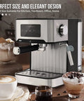 Electric Cappuccino Maker With Auto Milk Frother Stainless Steel Build And Removable Water Tank on kitchen counter with cups