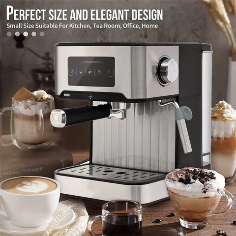 Electric Cappuccino Maker With Auto Milk Frother Stainless Steel Build And Removable Water Tank on kitchen counter with cups