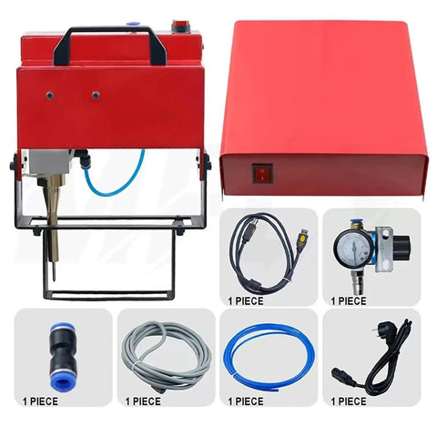 Portable Pneumatic Dot Peen Marking Machine Grease Monkey Approved Handheld Metal Engraving Tool Copper Motor Rig setup with accessories.