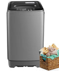 Heavy Duty Portable Washing Machine With Self Draining Pump Ten Auto Wash Cycles And Slick LED Interface beside laundry basket.