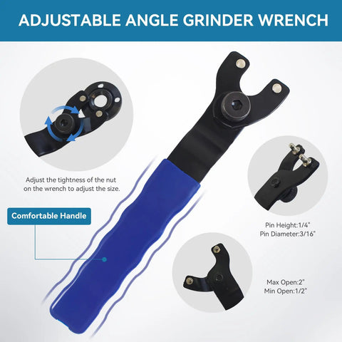 Versatile Angle Grinder Attachments Kit shown with adjustable grinder wrench with comfortable handle and various features highlighted.