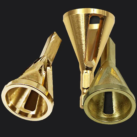 3Pcs Chamfering Tool Set For Outer Edge Deburring And Trimming Compatible With Electric Drill Chuck showing three brass chamfering tools.