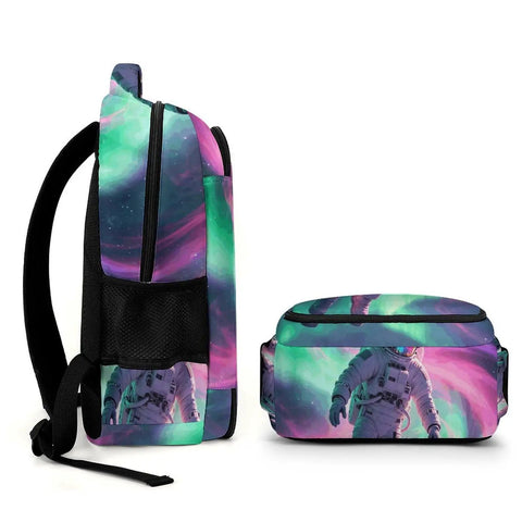 Side and front view of Galactic Swirl Spaceman Printed Dope Unisex Backpack Large Capacity Durable Polyester Daypack