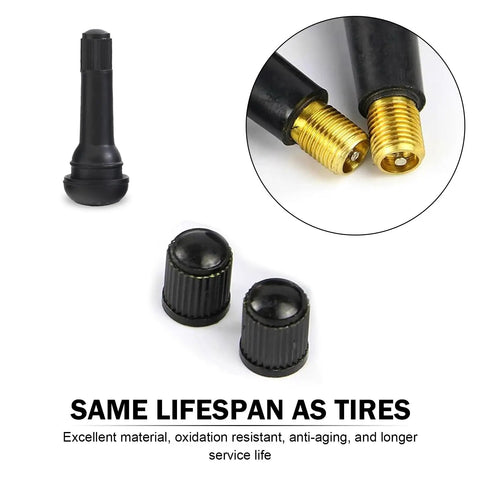 Close-up of Five Pack Tubeless Tire Valve Stems That Snap In Easy Rubber Air Tight Seal Replacement Kit For Standard Vehicle Tires In Black With Durable Brass Core And EPDM Rubber.
