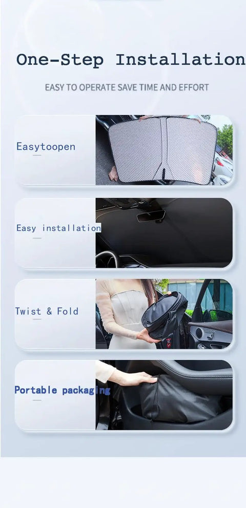 Heavy Duty Double Layer Windshield Sun Shade For Rivian R2 2026 compact packaging and easy one-step installation features.