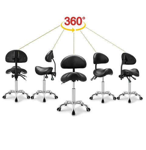 Saddle Stool On Wheels With Backrest Rolling Height Adjustable Ergonomic Saddle Chair in various angles showcasing 360 rotation.