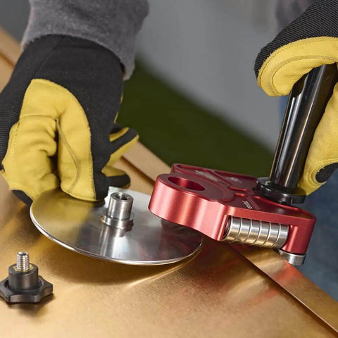 One Station Disc Bender for sheet metal bending with large disc handle for curved or straight metal roofing tool in use
