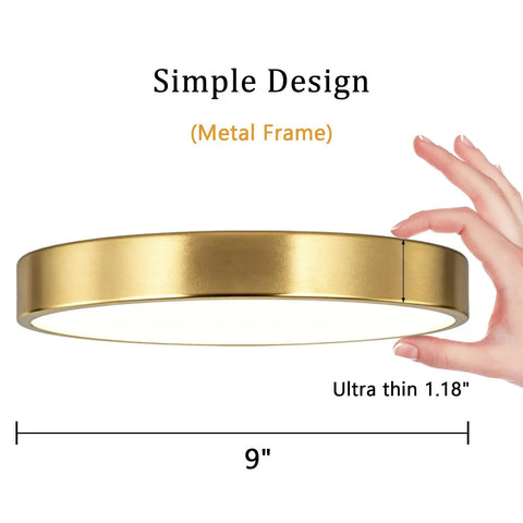 Gold Brushed 9 Inch Flush Mount LED Ceiling Light With Dope Adjustable Color Temperature From Warm 3000K To Cool 5000K Dimmable Ultra Thin