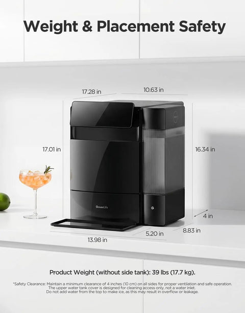 Smart Nugget Ice Maker Delivering 60 Pounds Daily Capacity and 6 Minute Rapid Ice Production Yields compact black design on countertop.