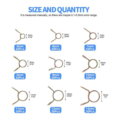 DIY Friendly 290 Piece Hose Clamp Set For Fuel Lines Water Pipes And Air Tubing Including 9 Sizes From 5mm To 13mm Display Chart