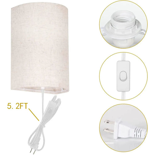 Set Of Two Wall Sconces With Plug In Power, 3 Way Dimmable Lighting In 2700K 4000K And 5000K, Classic Fabric Linen Lamp Shades