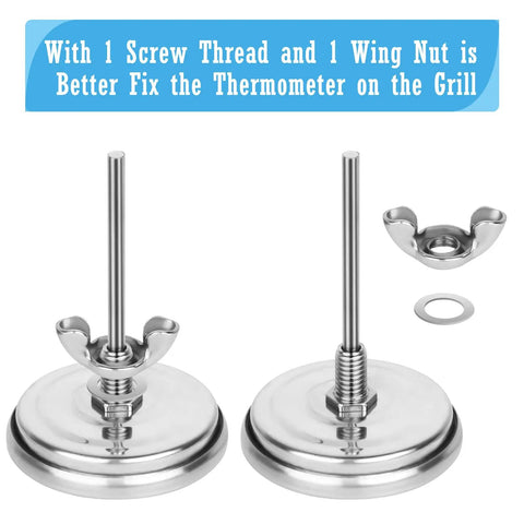 Backyard BBQ Thermometer Gauge For Charcoal Grill And Pit Smoker with threaded screws and wing nuts for secure mounting.