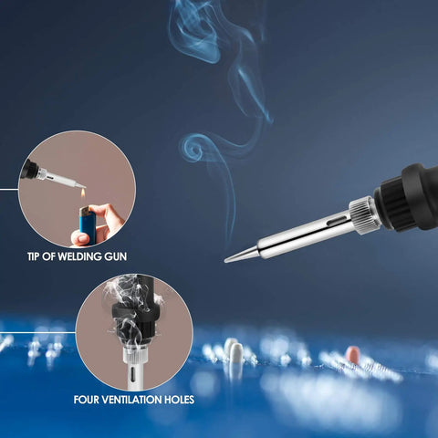 Close-up of 60W Soldering Iron Kit With Adjustable Temperature Jewelry Soldering Gun tip on circuit board