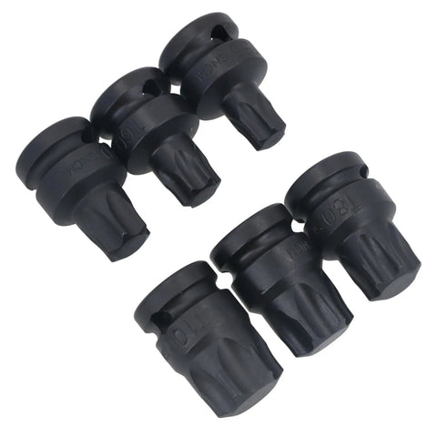 Half Inch Drive Shallow Stubby Torx Star Bit Socket Set T55 Through T100, 6 Piece, For Half Inch Drive Ratchets, In Blow Molded Case