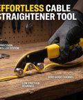 Heavy Duty Stainless Steel Cable Straightener Tool With Ergonomic Anti Slip Handle in use on a wooden surface with yellow wire.