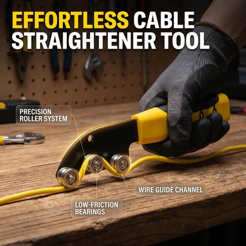 Heavy Duty Stainless Steel Cable Straightener Tool With Ergonomic Anti Slip Handle in use on a wooden surface with yellow wire.
