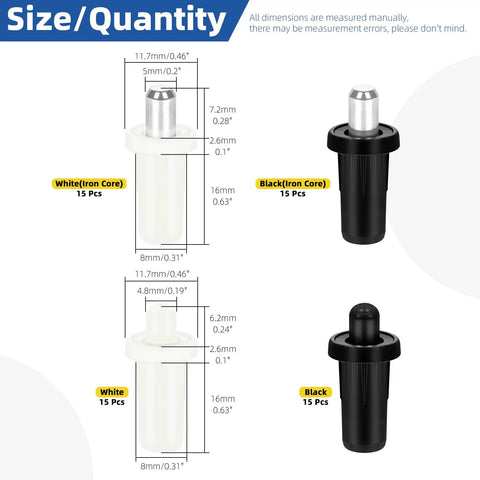 No Sweat 60 Piece Cabinet Door Repair Pins Kit Mixing Black And White Plastic And Iron for quick kitchen fixes including size details.