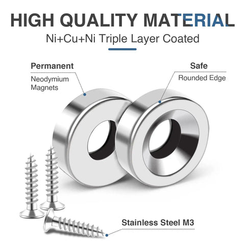 36 Piece Heavy Duty Neodymium Magnet Set With Holes In Three Sizes, Screws Included, close-up of two magnets with screws.