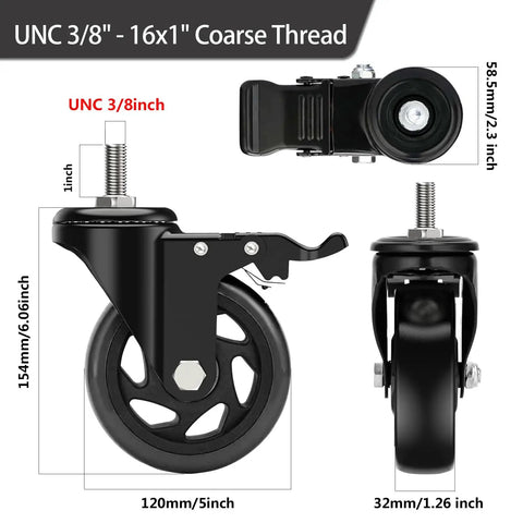 Dead Nuts Heavy Duty 5 Inch Swivel Caster Wheels With Locking Brakes Set Of 4 Furniture Casters showing UNC 3/8" threaded screw stem and dimensions