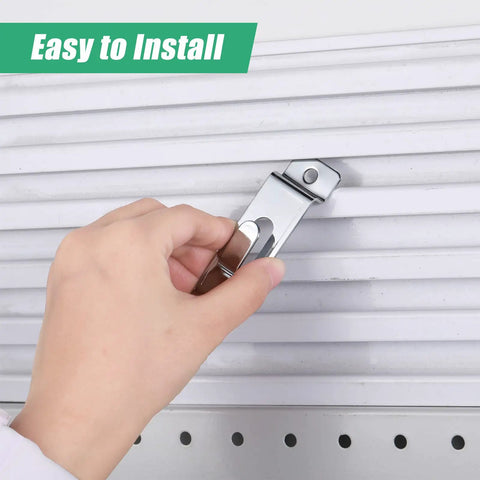 Hand installing 50 Pack Slatwall Hooks Notch Hangers for Wall Displays Metal Pegboard Slat Grid Accessories in Silver