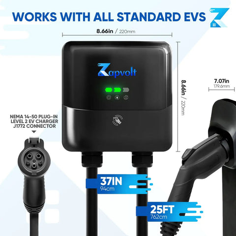 Level 2 EV Charger 40 Amp 240V 9.6kW Smart Wall Mount For Home with 25ft Cable, J1772 NEMA 14-50, Waterproof IP66, RFID WiFi Enabled