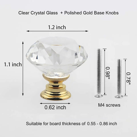 5 Pack Crystal Glass Cabinet Knobs 30mm Clear Diamond Shape With Gold Base Pulls For Drawer Dresser Kitchen Cabinets Wardrobe Bathroom Vanity Desk Elegant Sparkle Finish For Any Room, detailed view with measurements and screws included.