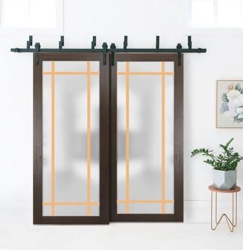 Frosted Glass Sliding Barn Closet Doors With Hardware Set, Chocolate Ash Finish, Modern Wood Solid Look, 6.6 Ft Rails Included