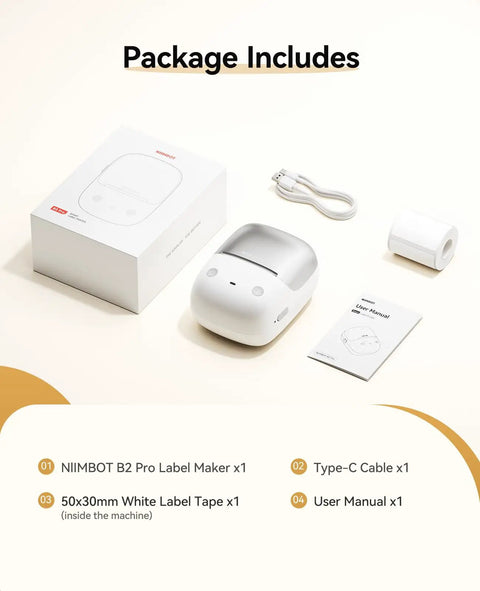 B2 Pro Label Maker With Bluetooth, 300 DPI Sticker Printer, Ultra Portable 348g shown with packaging and accessories.