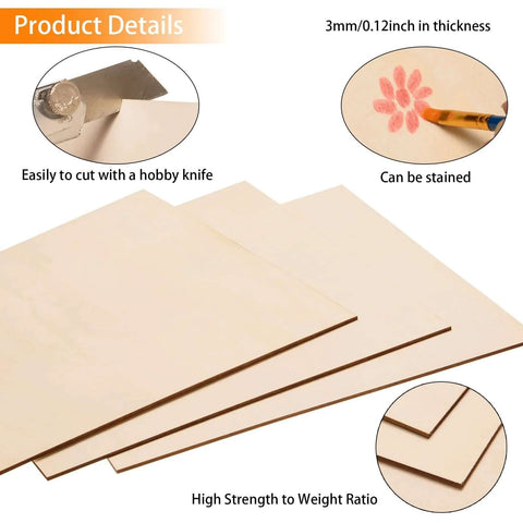 Basswood craft sheets, 12 x 12 in, 1/8 in thick (3 mm), unfinished square boards stacked, front view