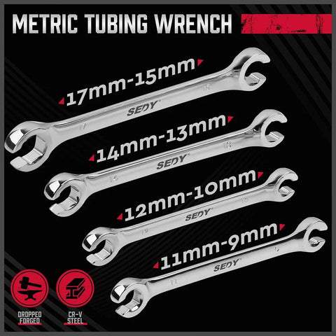 Four Piece Flare Nut Wrench Set With Offset Ends Metric Two Sizes Per Wrench 9 And 11 Millimeter 10 And 12 Millimeter display