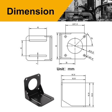 Nema 23 stepper motor brackets dimensions and design with L-shaped mount for accurate mounting and stability in industrial applications.