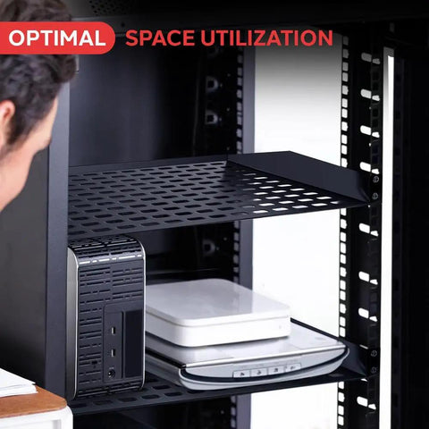 Heavy Duty 1U Server Rack Shelves 19 Inch Vented Network Mounting Trays 8 Pack supporting electronics with optimal airflow in a server cabinet.