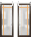 Double Barn Door With Frosted Glass In Chocolate Ash Finish, Modern Solid Panel Interior Sliding Door Set, 84 By 96 Inches