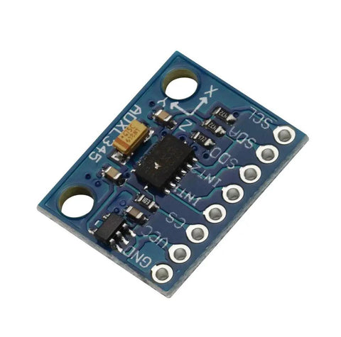 Two Pack ADXL345 Digital 3 Axis Accelerometer Tilt Module With I2C And SPI Ultra Low Power For Arduino Makers 3 5 Volt Compact 20 By 15 Millimeter Pin Headers Included Gravity Sensor, blue PCB with ADXL345 chip and pin holes