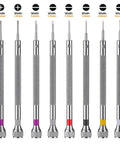 Eight Piece Micro Precision Screwdriver Set With 0.6 To 1.6mm Tips And Eight Spare Blades For Watches Eyeglasses Jewelry And Electronics Repair A Handy Pocket Tool Kit For Quick Fixes, showing all eight screwdrivers with different colored bases and sizes.