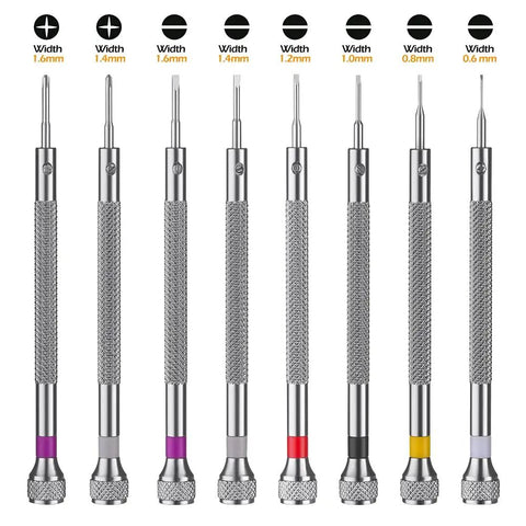 Eight Piece Micro Precision Screwdriver Set With 0.6 To 1.6mm Tips And Eight Spare Blades For Watches Eyeglasses Jewelry And Electronics Repair A Handy Pocket Tool Kit For Quick Fixes, showing all eight screwdrivers with different colored bases and sizes.