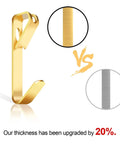 Gold metal hook with thickness comparison for 184 Piece Picture Hanging Kit With Gold Finish Hooks And Nails For Drywall And Wood Walls, 50Lb