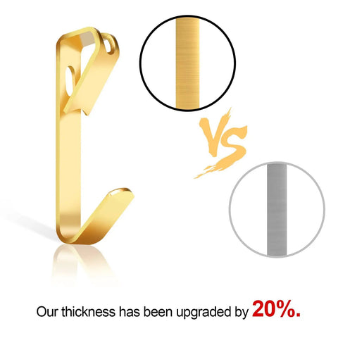 Gold metal hook with thickness comparison for 184 Piece Picture Hanging Kit With Gold Finish Hooks And Nails For Drywall And Wood Walls, 50Lb