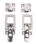 Set of four 316 stainless steel anti-rattle boat hatch latches; two square mounting plates and two hinged latches.