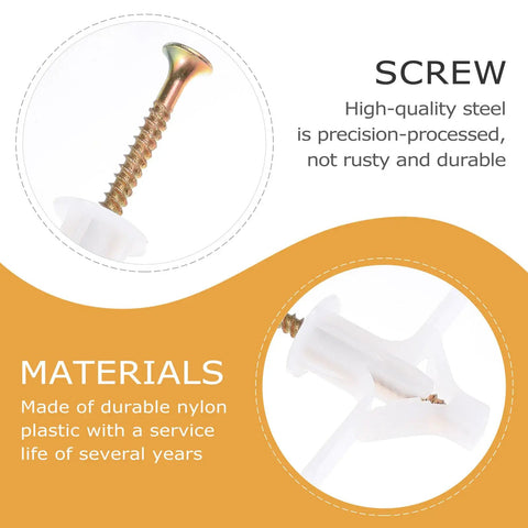 Close-up of Heavy Duty Drywall Anchors Kit 100 Pc With Nylon Aircraft Type Anchors And M8x38mm Self Tapping Screws For Gypsum Walls