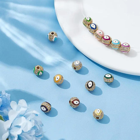 Evil Eye Brass Golden Cubic Zirconia Beads Set 15 Colors Round Spacer Beads for DIY Jewelry Bracelet Making 8.5x7.5mm 2mm Hole
