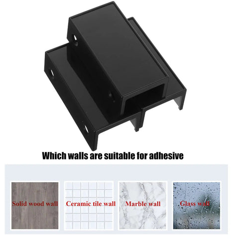Under Desk Laptop Holder Sliding Bracket Fits All Laptops Clears Desk Mess Instantly Black Plastic Mount shown with adhesive wall compatibility.