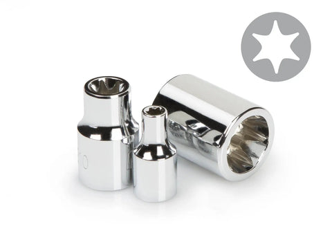 Torx Star Socket Set For 1/4 And 3/8 Inch Drives Chrome Vanadium E4 To E18 10 Piece Locking Drive End in chrome steel, close-up