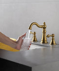 Two Handle Brushed Gold Bathroom Faucet For 3 Hole 8 Inch Widespread Lavatory With High Arc Spout And Pop Up Drain Lead Free