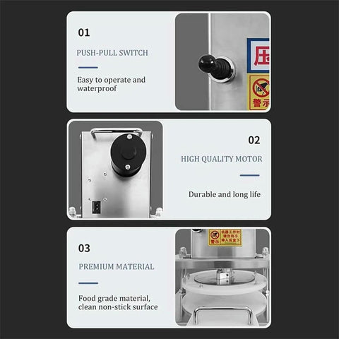 Push-pull switch and premium motor of Killer Quality Electric Pizza Dough Presser, showcasing easy operation and durable design.