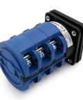 Beefed Up 63A Rotary Cam Changeover Switch 660V AC Four Position Three Phase With 12 Terminal For Industrial Machinery SZW26 63 0 3 3 Universal Cam Selector Switch For Motor Control And Power Switching 0 1 2 3, blue casing with visible terminals, close-up view