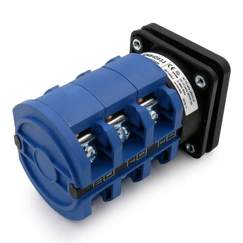 Beefed Up 63A Rotary Cam Changeover Switch 660V AC Four Position Three Phase With 12 Terminal For Industrial Machinery SZW26 63 0 3 3 Universal Cam Selector Switch For Motor Control And Power Switching 0 1 2 3, blue casing with visible terminals, close-up view