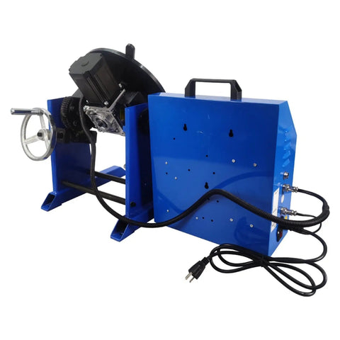 Build Tough Rotary Welding Positioner With Plug And Play Plc Touchscreen 50 Kg Capacity and blue body with adjustable turntable.
